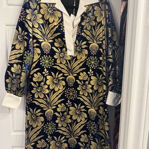 Tory Burch Gold and Blue Floral Long Sleeve Dress